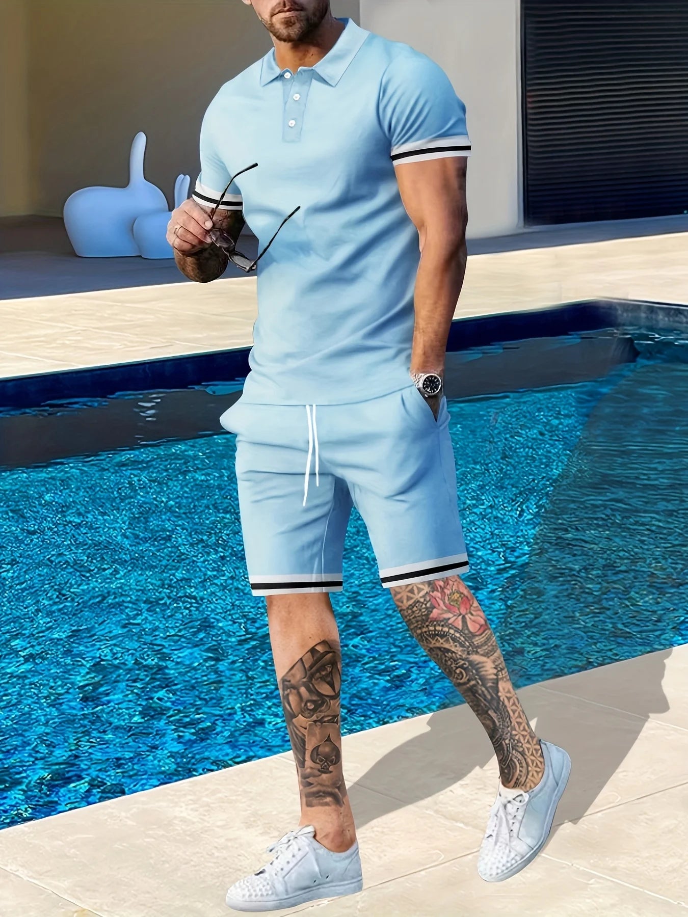 Men's Summer Short Sleeve Polo Shirt and Shorts Athleisure Two-Piece Travel Set