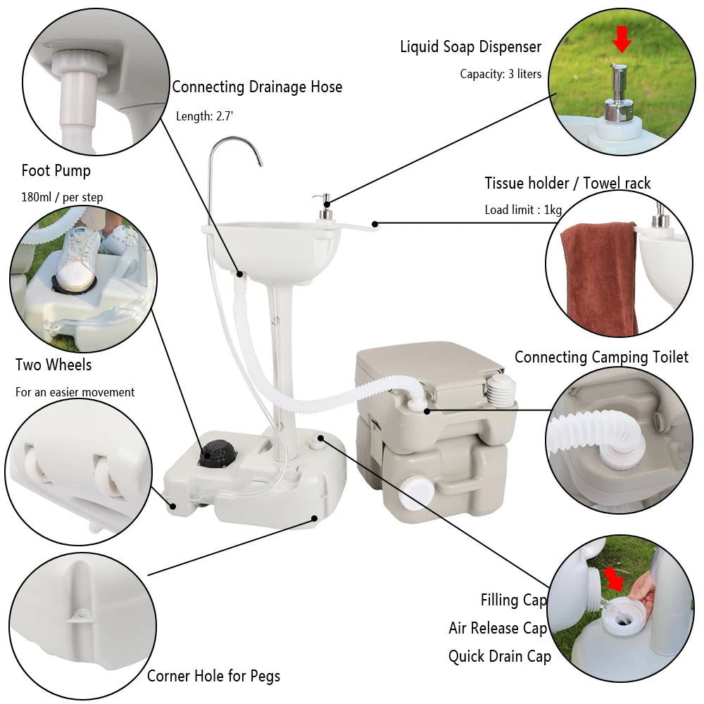 Outdoor Portable Camping Sink with Toilet Hand Wash Basin Foot Pump RV Travel Fishing
