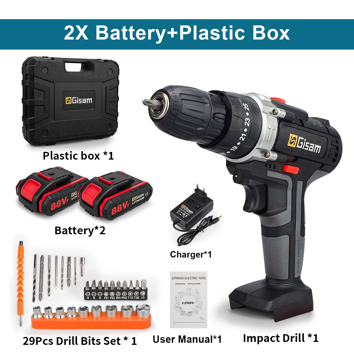 25+3 Torque Cordless Drill Electric Screwdriver Rechargeable Electric Drill Lithium-Ion Battery 2 Speed DIY Driver Power Tools