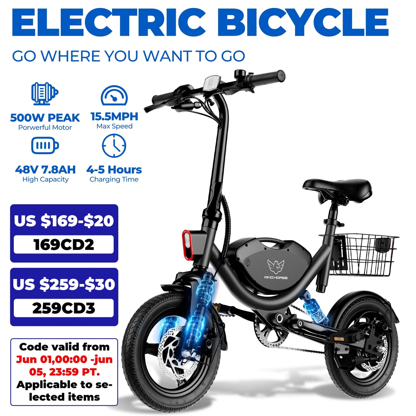 500W Folding Electric Bicycle 22MPH Dual Suspension 14 Inch Tires 36V Battery with Basket