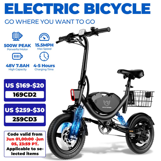 500W Folding Electric Bicycle 22MPH Dual Suspension 14 Inch Tires 36V Battery with Basket
