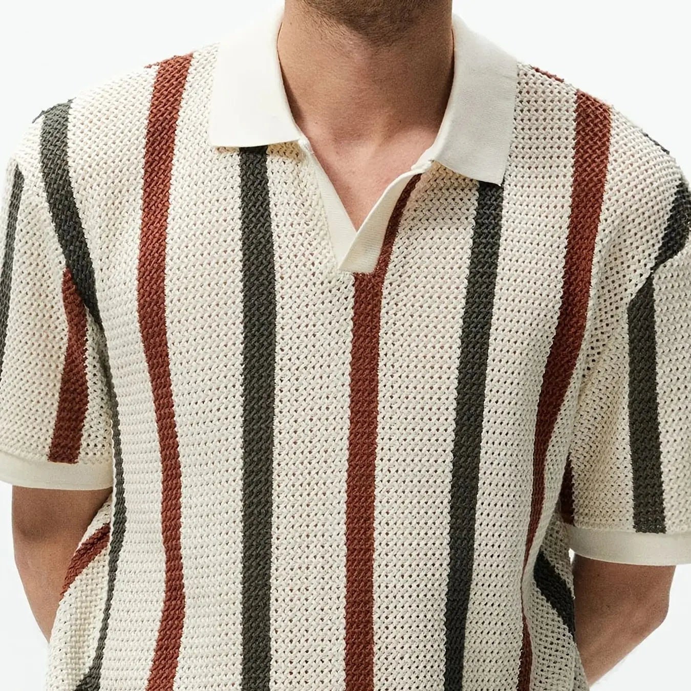 Men's Summer Chunky Knit Polo Shirt With Stripes Casual Short Sleeve Top for Outings