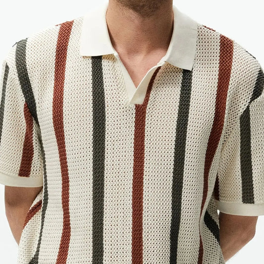 Men's Summer Chunky Knit Polo Shirt With Stripes Casual Short Sleeve Top for Outings