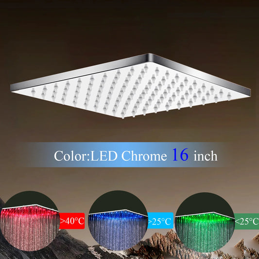 Chrome Bathroom 16inch Large Rainfall Shower Faucet  LED Spray Wall Mounted Hot Cold Tap 3 Color Changing Head Home Replace